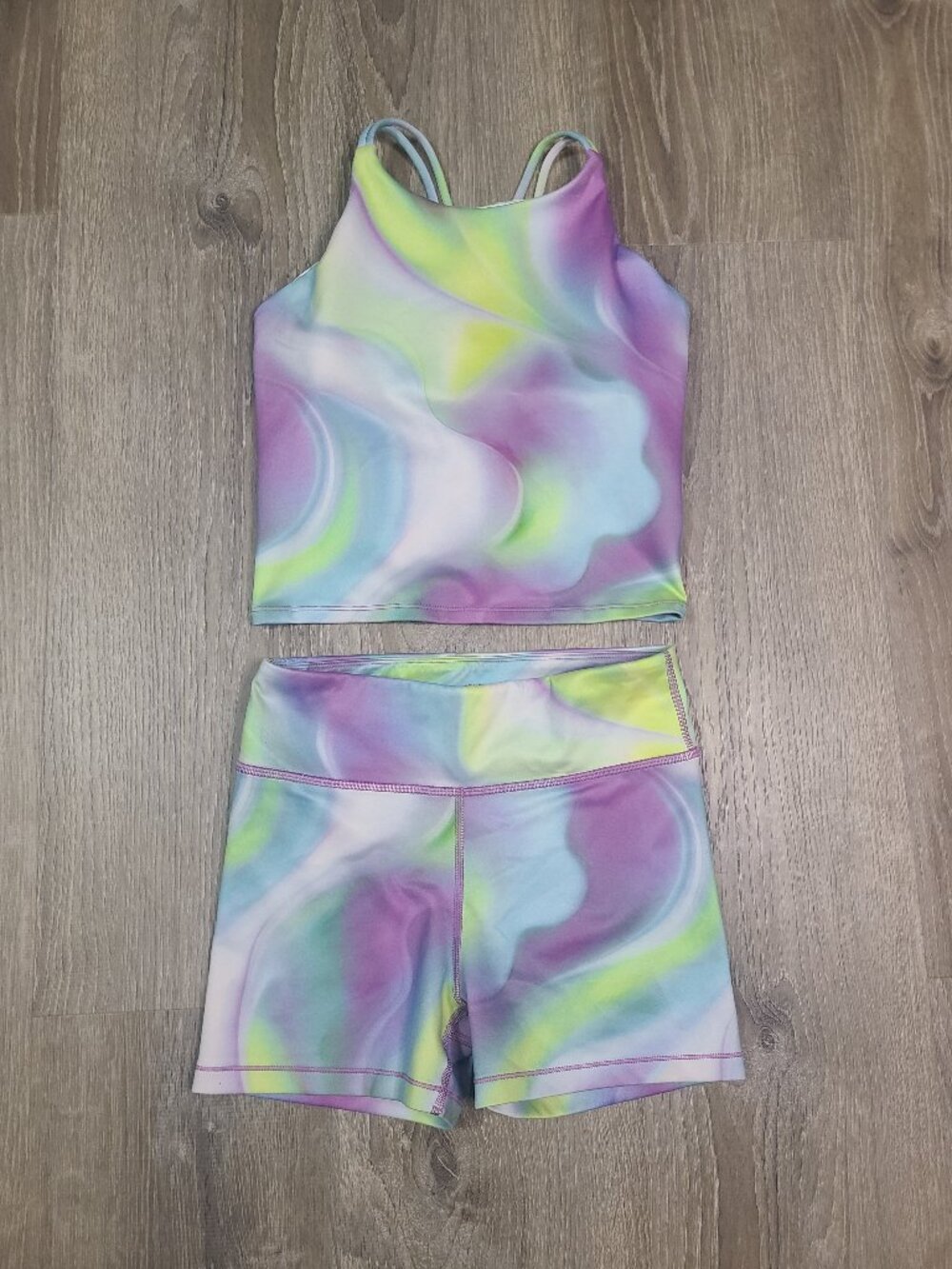 Athleta Girl Pastel Watercolor Swirl Chit Chat Shorts & Crop Tank Set Sz- XXL 16